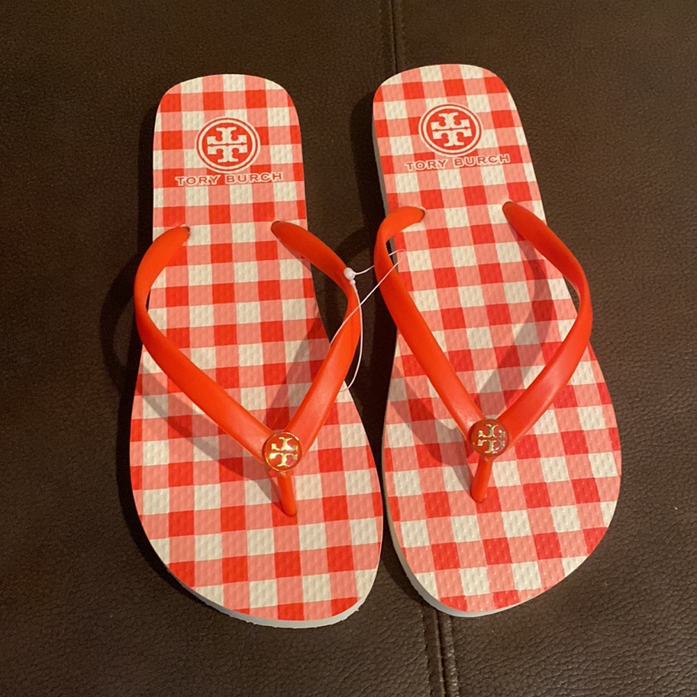 Tory Burch Red Gingham Flip Flops Size 7M